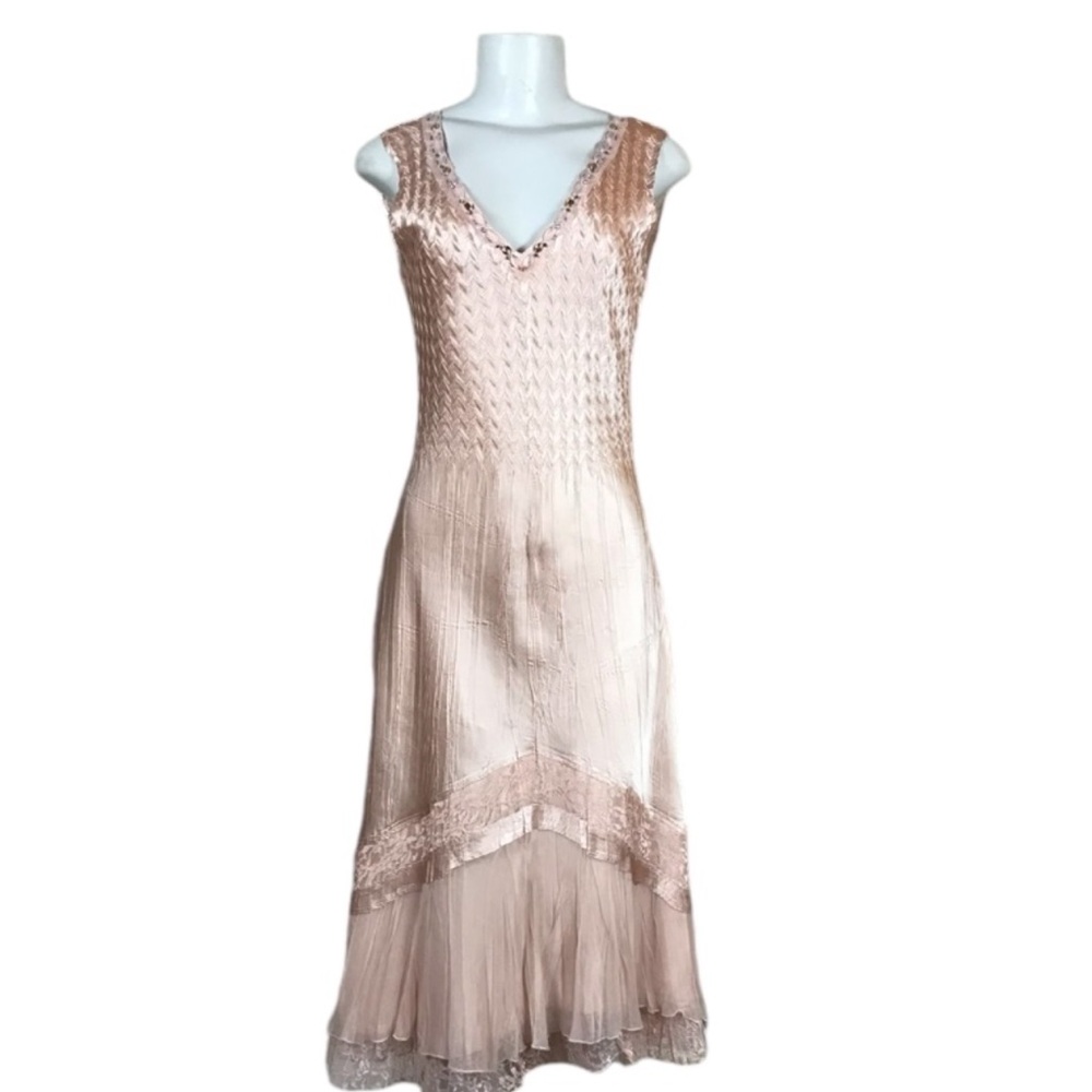 Komarov Dress Beaded Charmeuse Chiffon Lace Asymmetrical